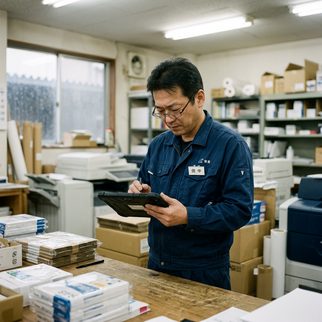 現場担当者がスマートフォンやタブレットを操作しながら、業務に集中している