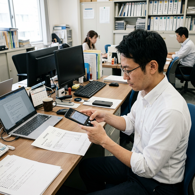 事務机で紙の書類をスマートフォンで撮影している日本人担当者