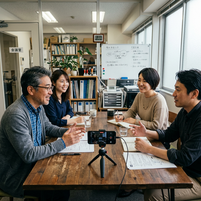 ミーティングルームの机の中央にスマートフォンを置き、会議をしている