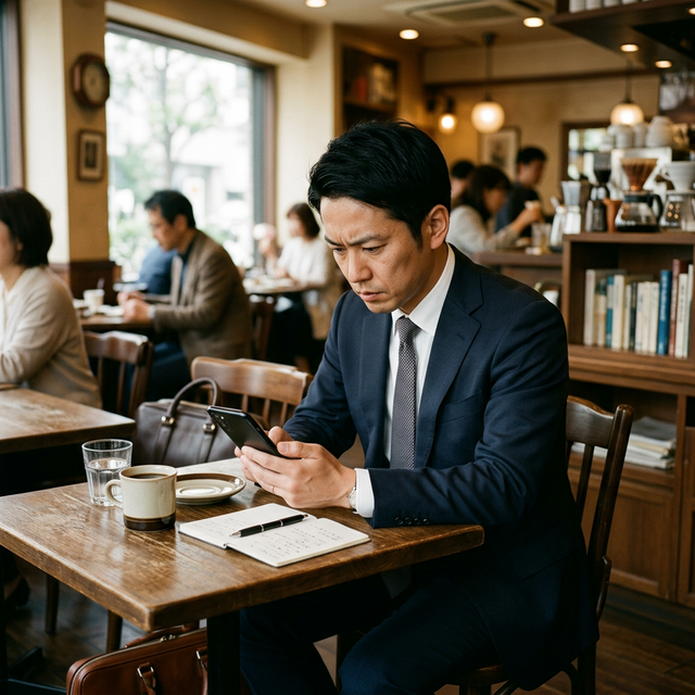 商談前にカフェで、スマートフォンの画面を真剣な表情で見ている日本人営業マン