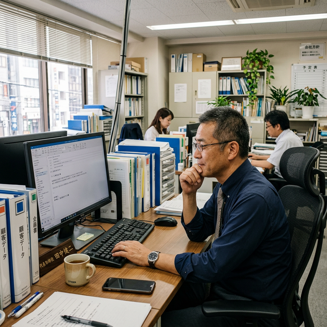 経営者がパソコン画面の前で、お客様への案内文を作成している